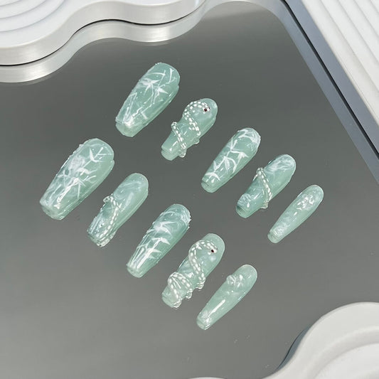 Green Snake Nails Handmade Press on Nails Mint Green Color Bamboo Pattern Coffin