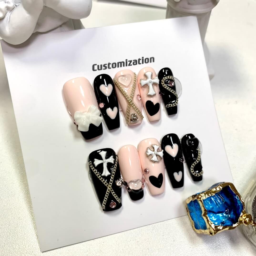 Handmade Press on Nails Chrome Hearts Coffin Nails Pink and Black Girl's Nail Set