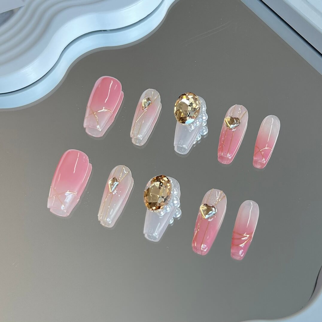 Ombre Valentine Nails Pink Press on Nails With Gemstones Luxury Coffin Nails Valentine's nails