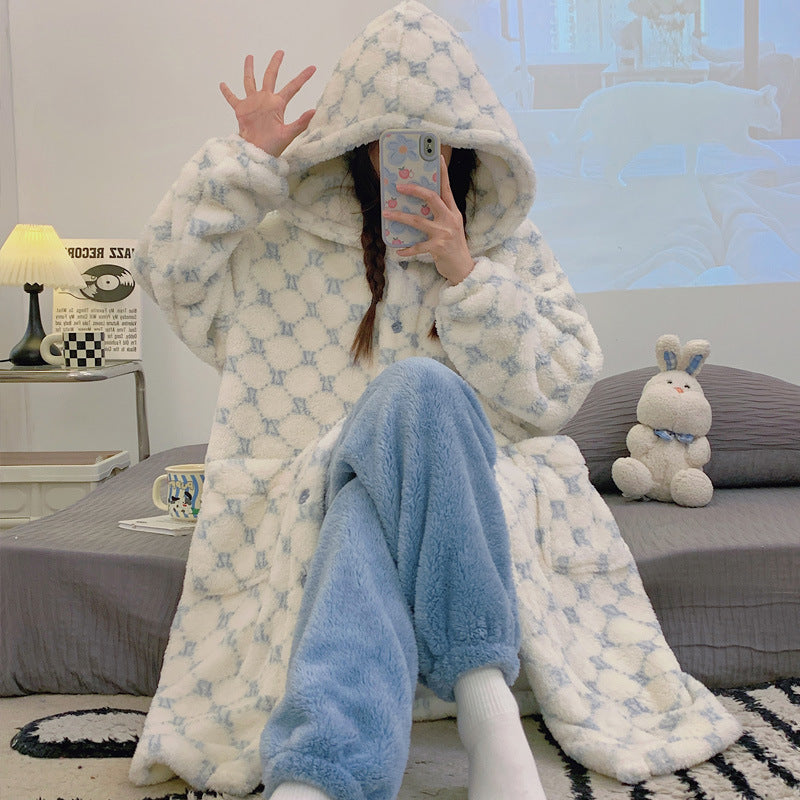 Coral Fleece Pajamas for Women Winter Thickened Long Cute Flannel Autumn Winter Women's Nightgown Homewear Set