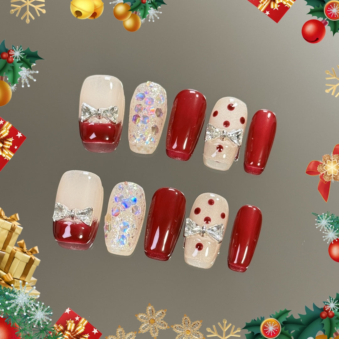 products of images_1: Red Chrome Christmas Nails: Short Round Polka Dot Design