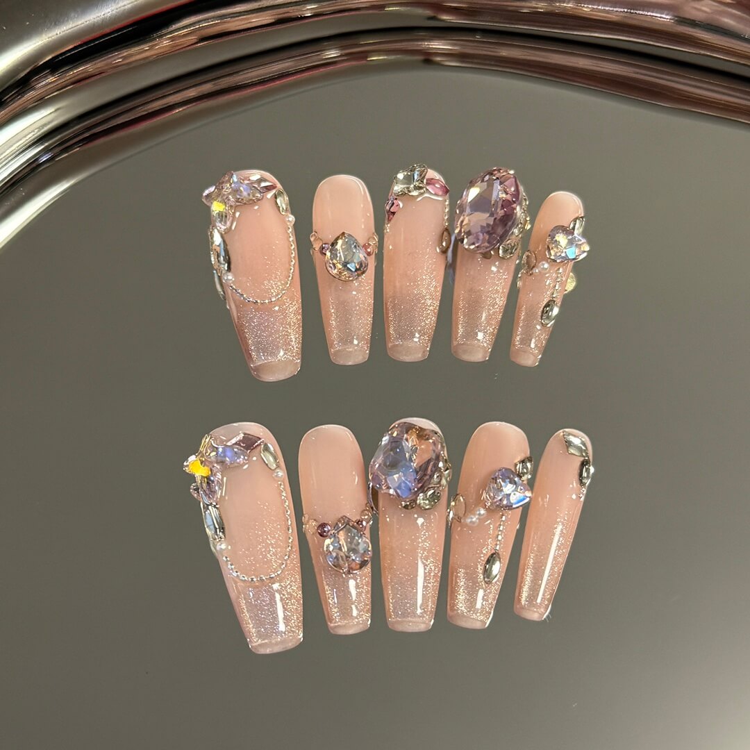 Pink Diamond Nails Luxury Press on Nails with Gemstones Handmade Nails Coffin Salon Quality