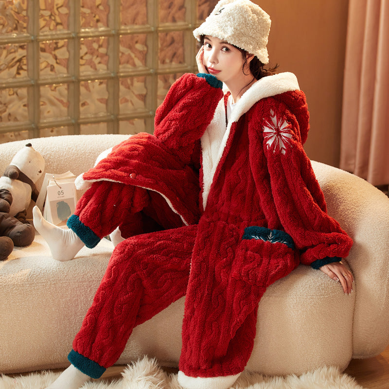 Coral Fleece Pajamas for Women Winter Thickened Long Cute Flannel Autumn Winter Women's Nightgown Homewear Set