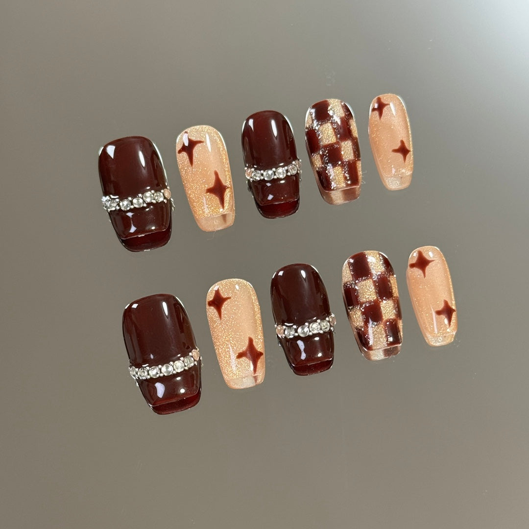 products of images_1: Brown French Tip Short Coffin Old Money Diamond Nails