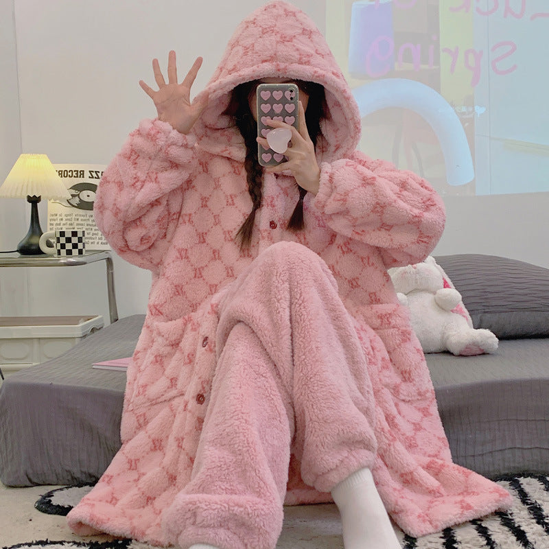 Coral Fleece Pajamas for Women Winter Thickened Long Cute Flannel Autumn Winter Women's Nightgown Homewear Set