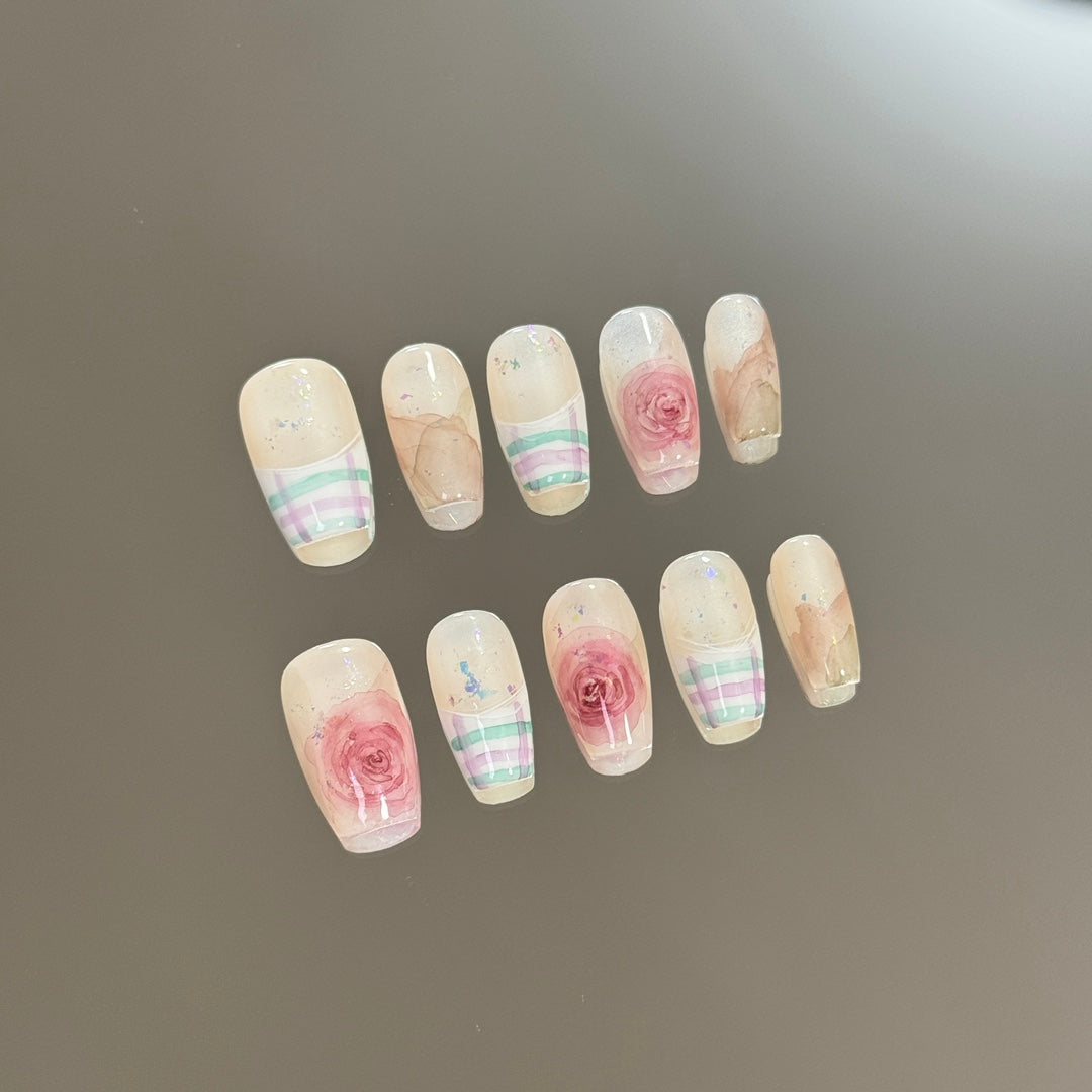 1. Handmade Rose Ombre Coffin Nails, PressOn Design, Vibrant Colors.