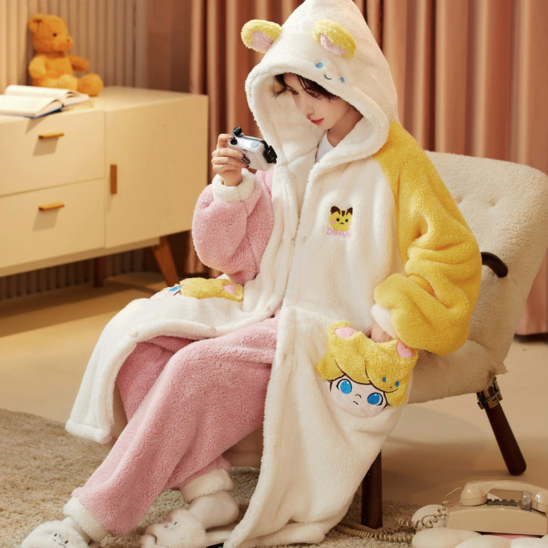 Coral Fleece Pajamas for Women Winter Thickened Long Cute Flannel Autumn Winter Women's Nightgown Homewear Set