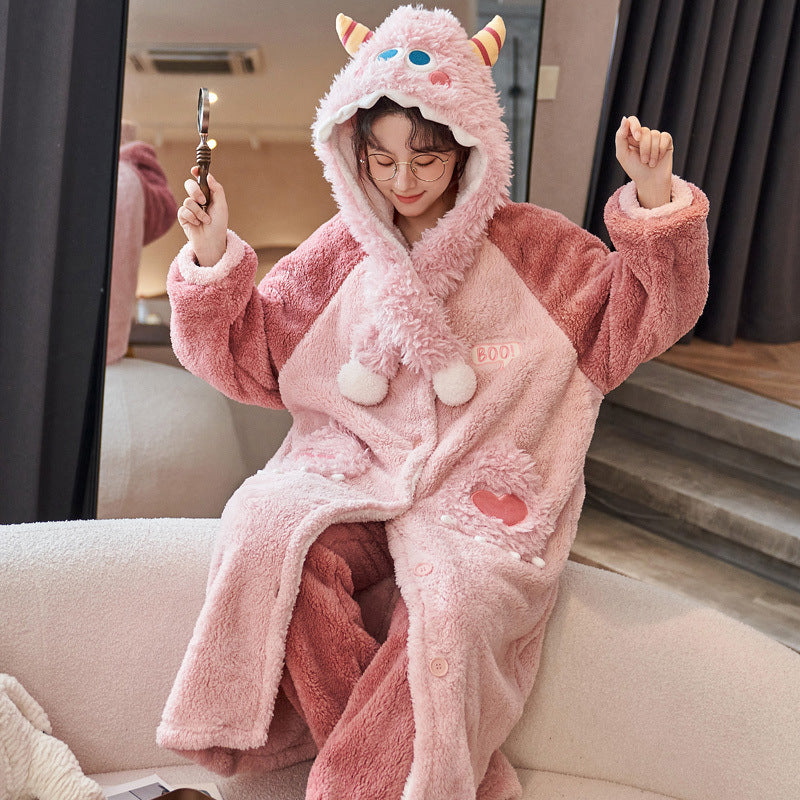 Coral Fleece Pajamas for Women Winter Thickened Long Cute Flannel Autumn Winter Women's Nightgown Homewear Set