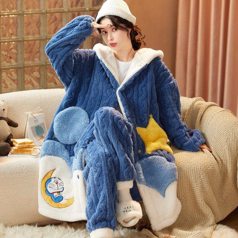 Coral Fleece Pajamas for Women Winter Thickened Long Cute Flannel Autumn Winter Women's Nightgown Homewear Set