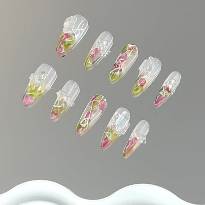 Oil Painting Theme Rose Hand Painted Fake Nail Set Floral 3D Decoration Press On Nails