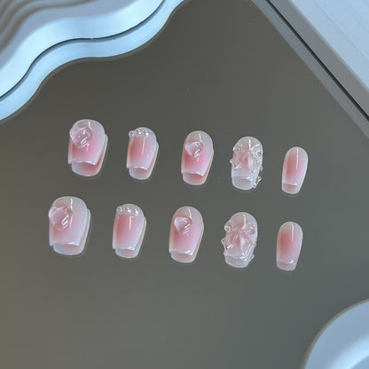 Cute Pink Short Coffin Nails | 3D Bow Design Nail Art