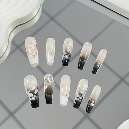 Hand Painted Press on Nails French Tips Nails Coffin Floral Pattern Chinese Ink Painting