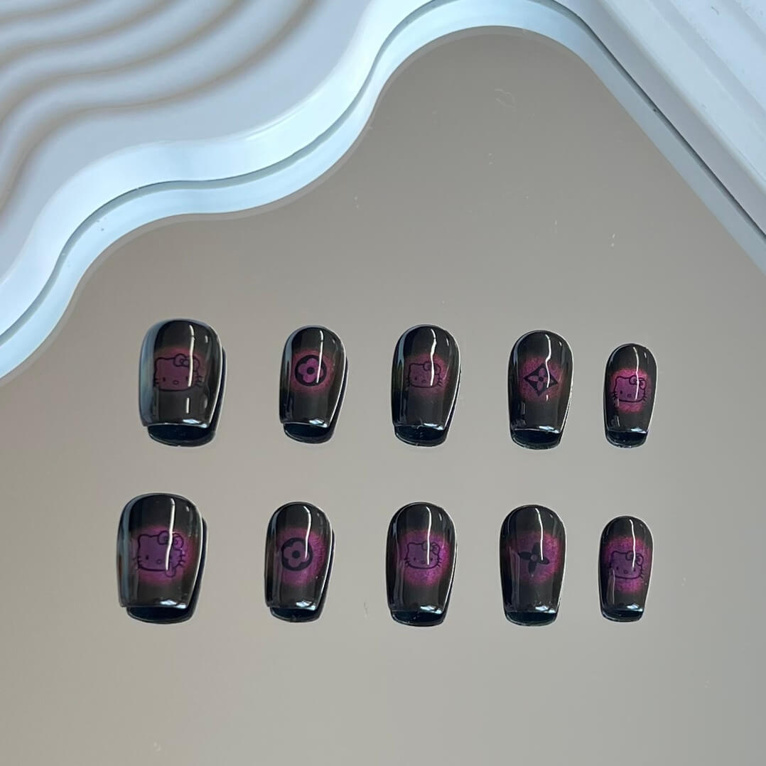 Hello Kitty Acrylic Nails Short Aesthetic Cat Eye Short Coffin Kitty Cat Cute Press on Nails