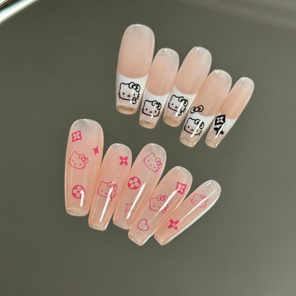 Pink Hello Kitty Press on Nails Fake Nails French Tips Cute Long Coffin Nails