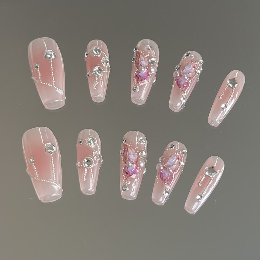 Medium Coffin Fake Nails Pink Butterflies Diamond Reusable  Press on Nails For Sale