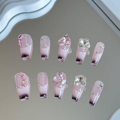 Sweety Pink and Black Coffin French Tips Nails with Hearts and Diamond Gradient Press on Nails