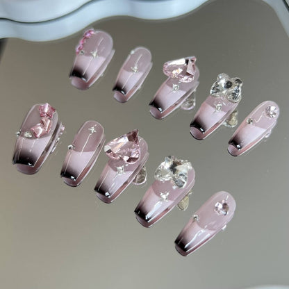 Sweety Pink and Black Coffin French Tips Nails with Hearts and Diamond Gradient Press on Nails