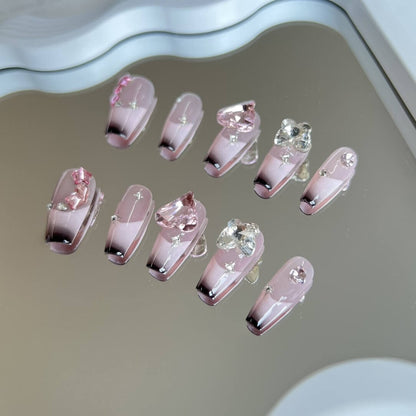 Sweety Pink and Black Coffin French Tips Nails with Hearts and Diamond Gradient Press on Nails