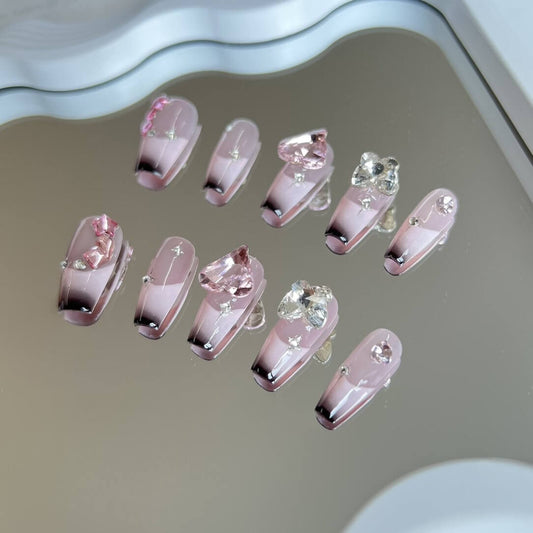 Sweety Pink and Black Coffin French Tips Nails with Hearts and Diamond Gradient Press on Nails