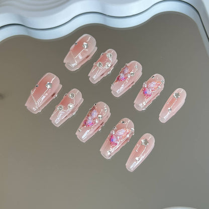 Medium Coffin Fake Nails Pink Butterflies Diamond Reusable  Press on Nails For Sale