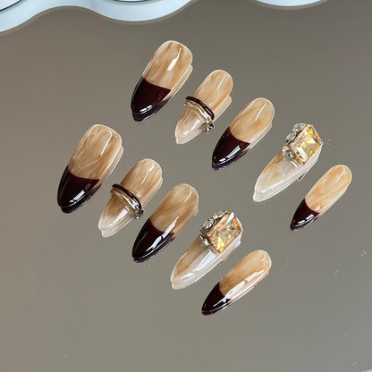 Brown French Tips Press on Nails Ombre Color Simple Design with Gems Reusable