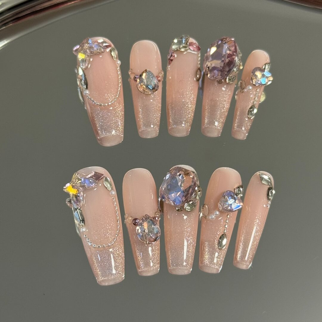 Pink Diamond Nails Luxury Press on Nails with Gemstones Handmade Nails Coffin Salon Quality