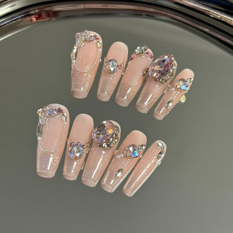 Pink Diamond Nails Luxury Press on Nails with Gemstones Handmade Nails Coffin Salon Quality