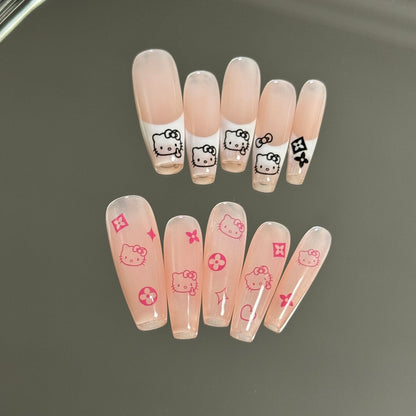 Pink Hello Kitty Press on Nails Fake Nails French Tips Cute Long Coffin Nails