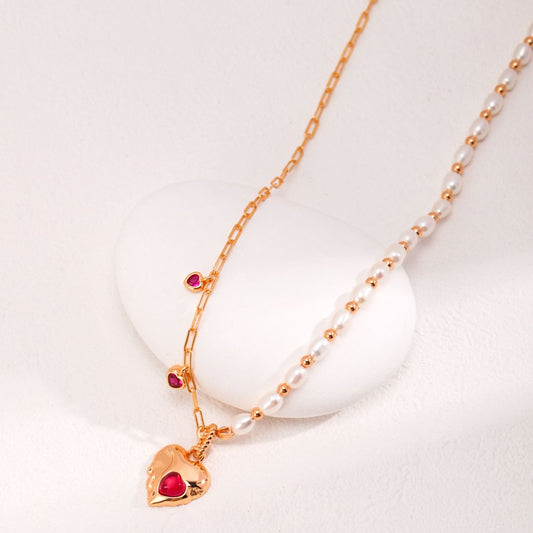 Golden Love Symphony: Sterling Silver Heart Pendant Pearl Necklace with Red Agate