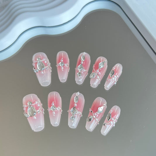 Ombre Pink Gemstone Coffin Nails| Luxury Handmade PressOn Nail Art| Bride's Elegant Ombre Nail Collection