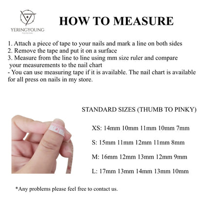 Learn how to measure your fingers for the perfect press-on nail fit with YeringYoung's guide. Follow our simple steps to find the right size for your nails. More details and tips available at https://yeringyoung.com/blogs/blog/how-to-measure-your-fingers-to-choose-your-size . #NailMeasuring #PressOnNails #YeringYoung