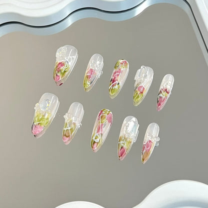 Oil Painting Theme Rose Hand Painted Fake Nail Set Floral 3D Decoration Press On Nails