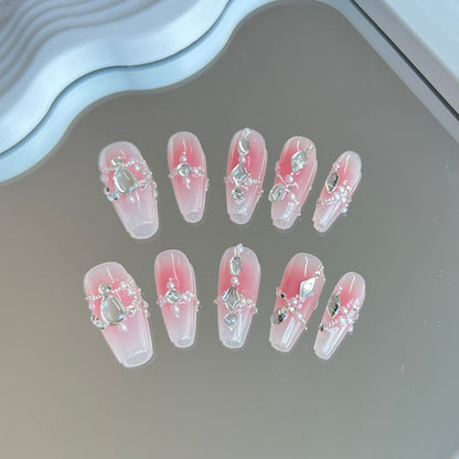 3. Exquisite PressOn Nails in Pink Ombre with Medium C Coffin Shape Accented with Nail Gems