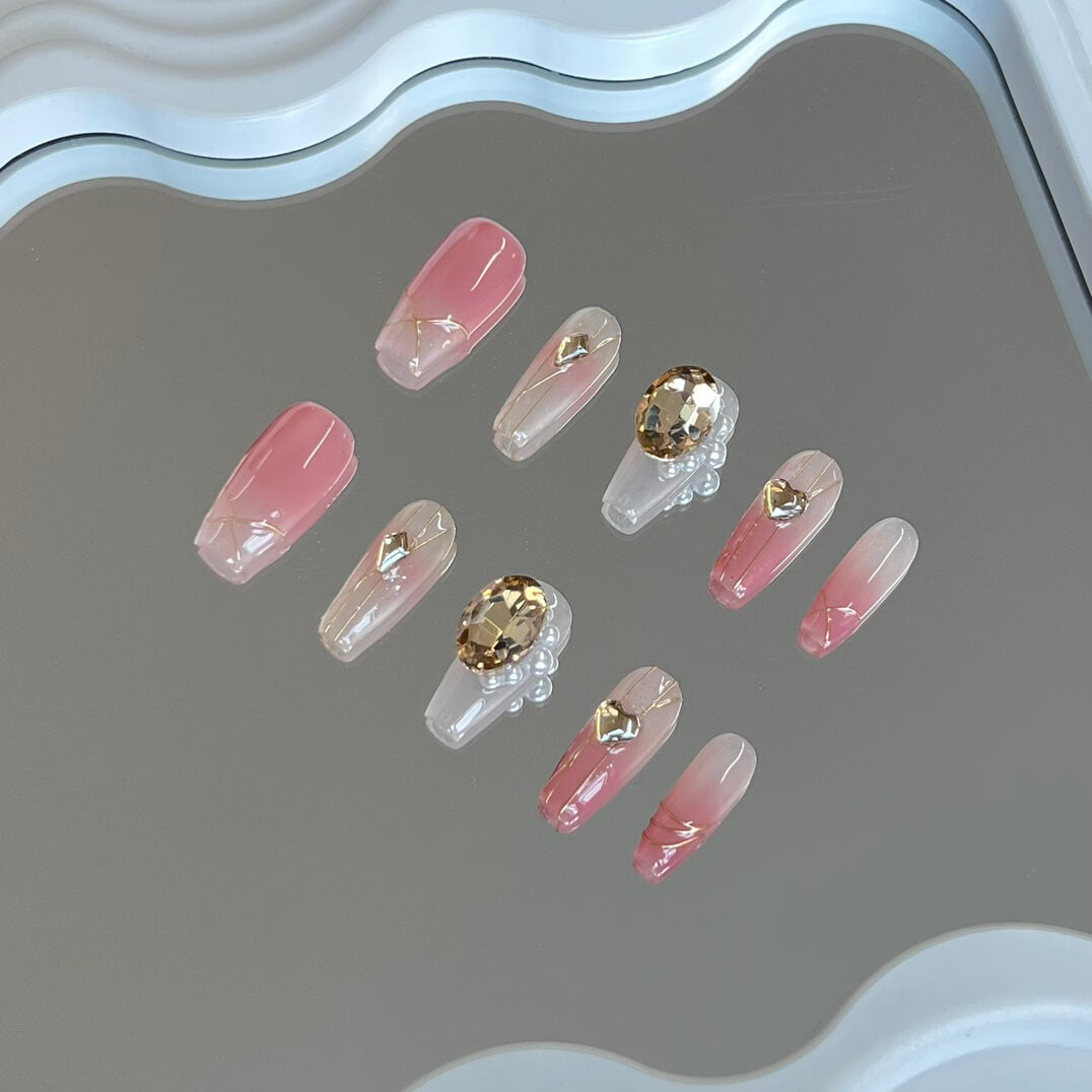 Ombre Valentine Nails Pink Press on Nails With Gemstones Luxury Coffin Nails Valentine's nails