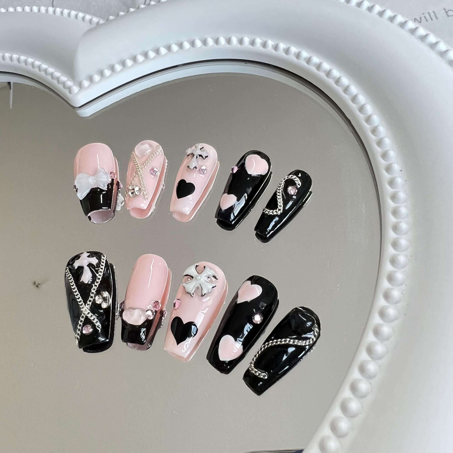 Handmade Press on Nails Chrome Hearts Coffin Nails Pink and Black Girl's Nail Set