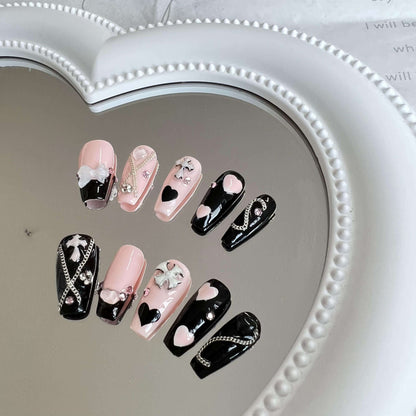 Handmade Press on Nails Chrome Hearts Coffin Nails Pink and Black Girl's Nail Set