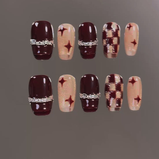 Product Video: Brown French Tip Short Coffin Old Money Diamond Nails