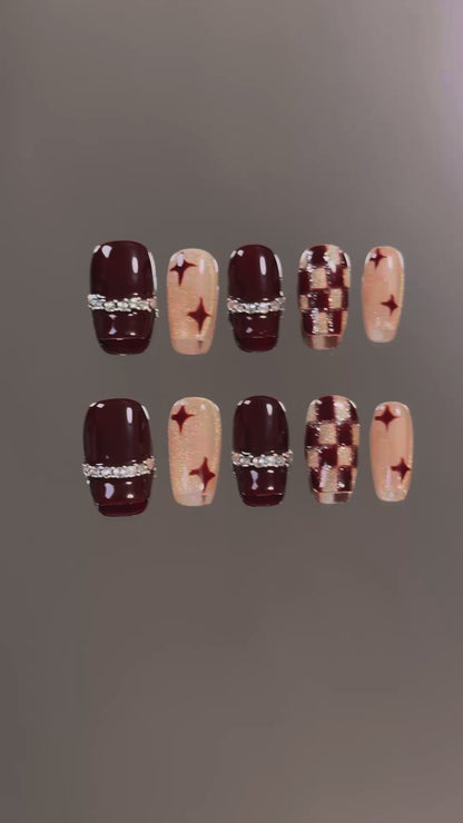 Product Video: Brown French Tip Short Coffin Old Money Diamond Nails