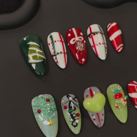 Product Video: Glamorous Red & Green Christmas Tree Almond Nails