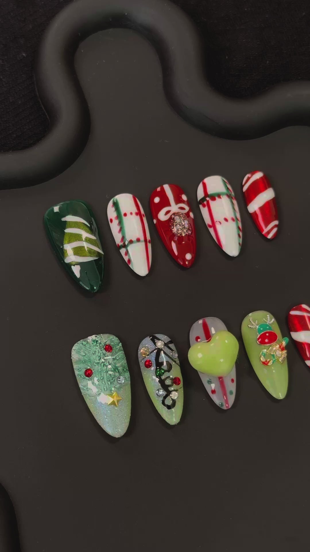 Product Video: Glamorous Red & Green Christmas Tree Almond Nails