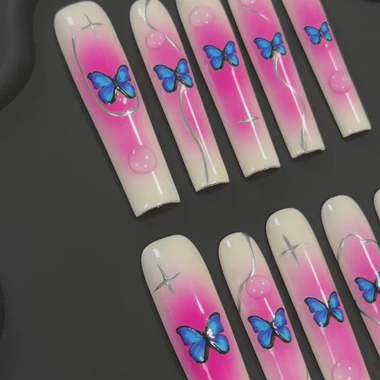 3. "Exquisite Ombre Pink Square PressOn Nails Featuring Butterfly Designs"