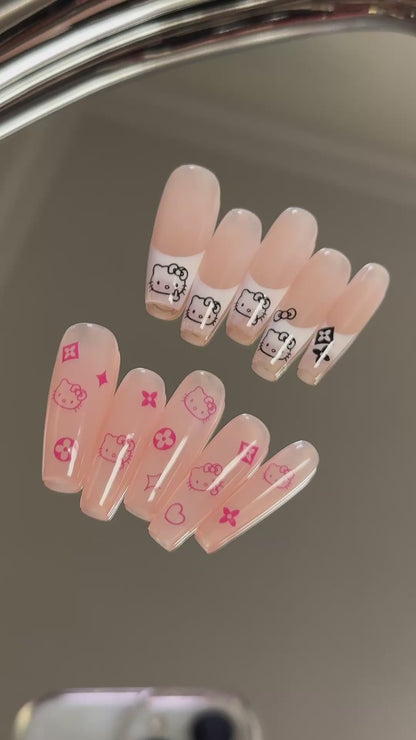 Pink Hello Kitty Press on Nails Fake Nails French Tips Cute Long Coffin Nails