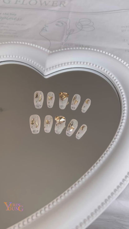 New Handmade Coffin Shape Press on Nails with Heart Diamond Bling Fake Nails Set