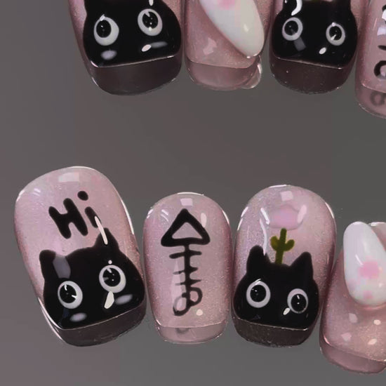 Product Video: Cute Pink Chrome Short Round Black Cat Eye Nails