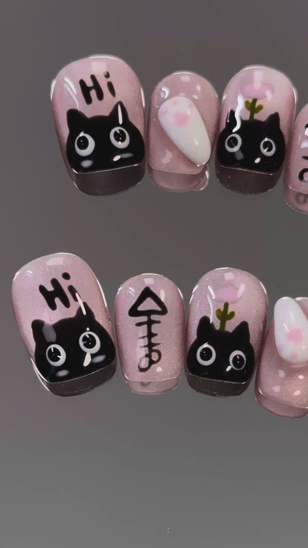 Product Video: Cute Pink Chrome Short Round Black Cat Eye Nails