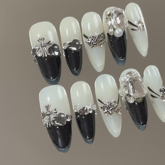 3. "Elegant Almond Shaped PressOn Nails with Black & White Diamond Design"