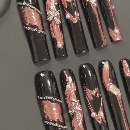 3. Elevate Your Halloween Look with Long Square Black Chrome PressOn Nails Featuring a Pink Chrome Surface