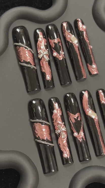 3. Elevate Your Halloween Look with Long Square Black Chrome PressOn Nails Featuring a Pink Chrome Surface