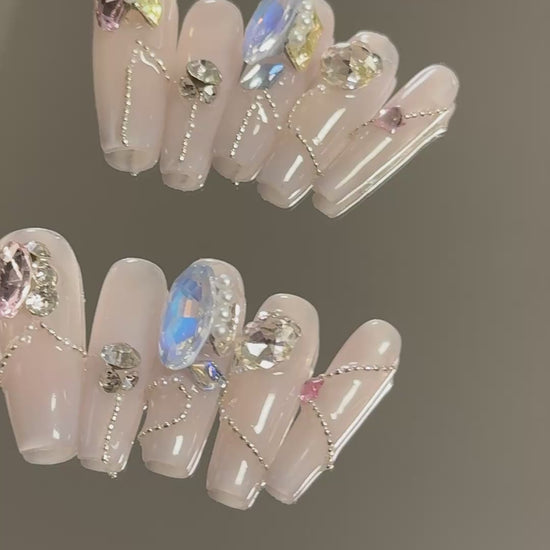 3. Elegant Long Coffin Shaped PressOn Nails with Pink Chrome and Glittering Gemstone Details