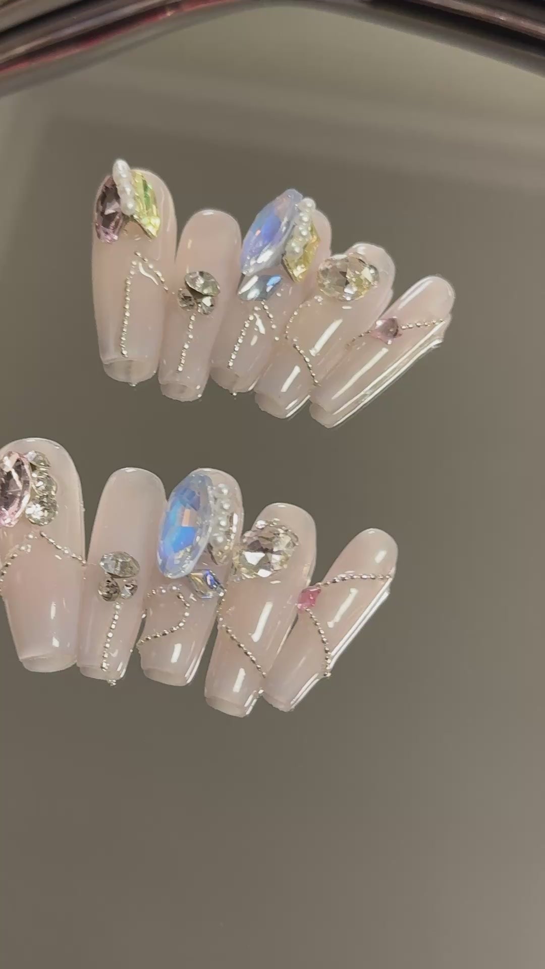 3. Elegant Long Coffin Shaped PressOn Nails with Pink Chrome and Glittering Gemstone Details